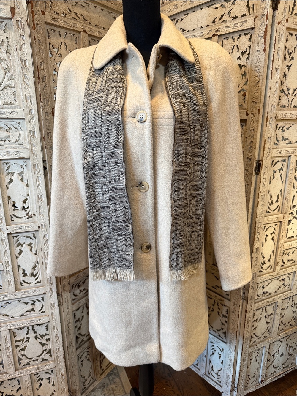 London Fog Cream Wool-Blend Pea Coat with Gray Scarf Detail